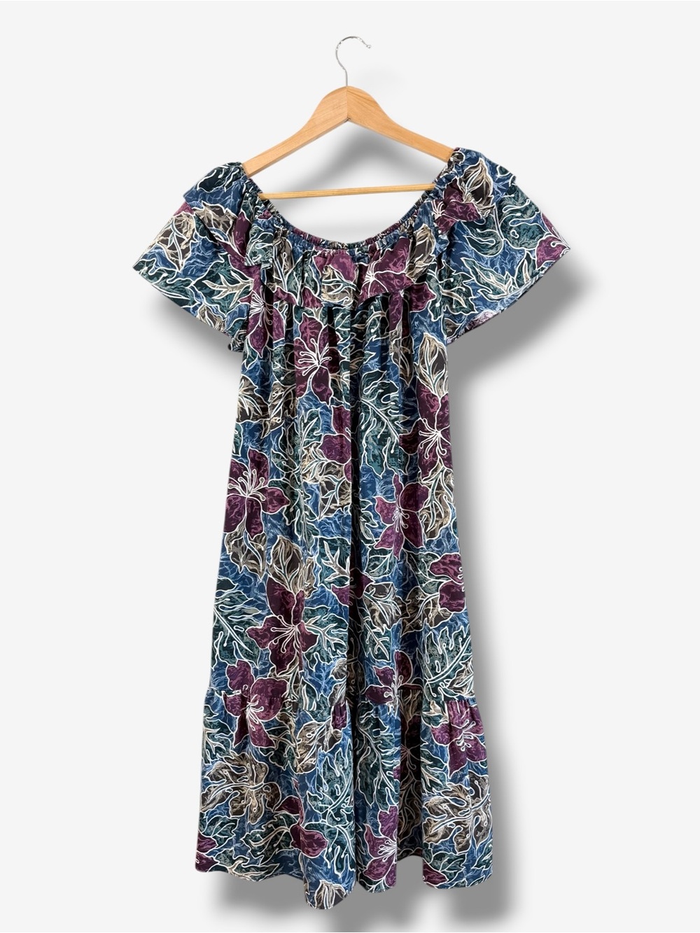 Vintage Hilo Hattie Hawaiian Original Midi Dress Size M Blue Purple Casual Beach